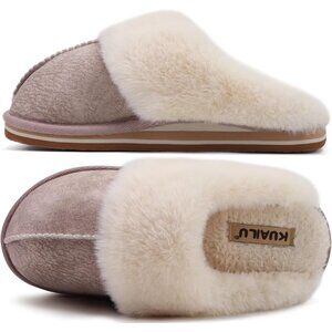 ⚡Women Beige Suede Fluff Dual Memory Foam Arch Support Warm Scuff Slipper